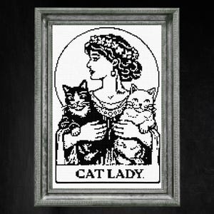 Kattdame Korsstygnsmönster PDF, Vintage kattälskare broderidiagram, Blackwork katt handarbete, Rolig kattdame väggkonst