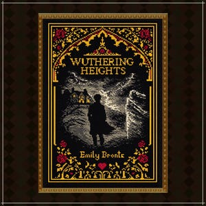 Wuthering Heights kruissteekpatroon (pdf), gotisch boekomslagontwerp, kunst van Emily Brontë, borduurpatroon in Dark Academia-stijl, literair cadeau