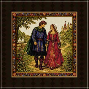 Pode incluir: Um bordado em ponto cruz retratando duas figuras com roupas de estilo medieval caminhando por um caminho em direção a um castelo. A pessoa à esquerda veste uma túnica azul e capa verde, a da direita um vestido vermelho longo e um véu.