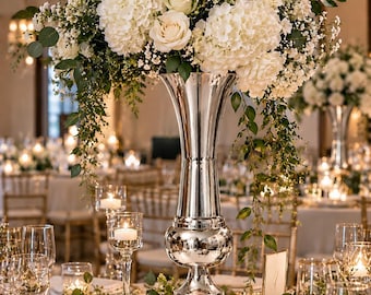 Tall Silver Wedding Centerpiece Vase – Trumpet Floral Arrangement (Reflective Finish)