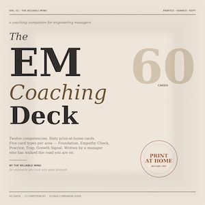 May include: A square digital product cover titled The EM Coaching Deck, featuring dark brown and black text on a light beige background. It includes the text 60 CARDS, PRINT AT HOME INSTANT PDF, and details about twelve competencies and five card types.