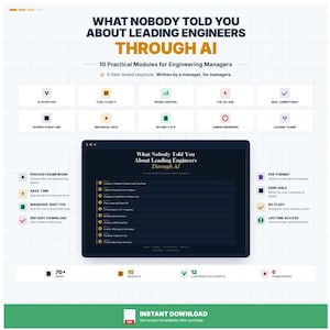以下が含まれることがあります： What Nobody Told You About Leading Engineers Through AIというタイトルのインフォグラフィック。エンジニアリングマネージャー向けの10の実践的なモジュールが記載されています。中央の暗い画面にはモジュールリストが表示され、周囲にはアイコン、テキスト、機能のハイライトが配置されています。