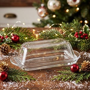 May include: A clear glass butter dish with a rectangular base and a matching lid. The dish features smooth, transparent sides and small handles on each end, designed to hold a standard stick of butter while maintaining a clean, simple appearance.