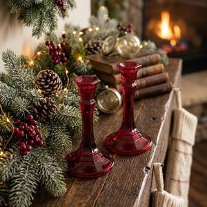 May include: Two deep red glass candle holders with a faceted, hexagonal base and a tapered stem. The candle holders are positioned on a dark wooden surface alongside a decorative garland of green pine needles, pinecones, and red berries.