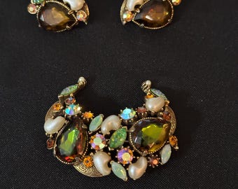 Vintage Unsigned Verified FLORENZA Demi-Parure Set — Green & Orange Vitrail Rhinestone Crescent Moon Brooch and Matching Clip Earrings