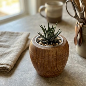 Rustic Wooden Barrel Cup Planter • Hand-Turned Wood Succulent Pot • Vintage Desk Organizer & Pen Holder • Farmhouse Boho Tiered Tray Decor