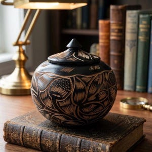 May include: A round, black lidded jar featuring intricate, hand-carved leaf patterns that reveal the natural light brown wood underneath. The vessel has a tapered lid with a pointed finial and sits atop a thick, weathered, leather-bound antique book.