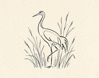 Illustrazione minimalista a tratto singolo di una gru tra le canne, stile sumi-e dai colori tenui, sfondo crema, opera d'arte astratta originale da appendere al muro.