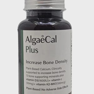 May include: A dark brown plastic supplement bottle with a silver screw-top lid. The white label features the text AlgaeCal Plus, Increase Bone Density, Plant-Based Calcium, 13 bone supporting minerals, vitamin D3 1600IU, vitamin C 50mg, and vitamin K2-MK7 100mcg.