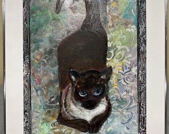Original Siamese Cat w/ Blue Eyes in Chrome Frame signed by Mary LaRae-Wells