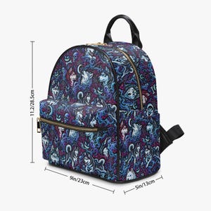 May include: A backpack featuring a dark pattern of husky dogs, skulls, and swirling blue and purple smoke. The bag has gold-tone zippers and black trim. Dimensions are 11.2 inches high, 9 inches wide, and 5 inches deep as indicated by the labels.