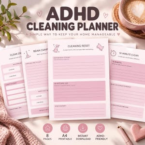 Może przedstawiać: Zestaw stron planera sprzątania ADHD w kolorze jasnoróżowym z ciemnobrązowym tekstem. Arkusze zawierają sekcje zatytułowane Cleaning Reset, Brain Dump i 10-Minute Clean, z polami wyboru oraz liniami do wpisywania zadań i notatek.