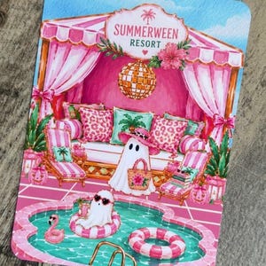 May include: A rectangular art print featuring a Summerween Resort scene with a pink cabana, a disco ball, and ghosts. One ghost wears a pink hat and carries a tote bag, while another floats in a pink and white striped pool float in a turquoise pool.