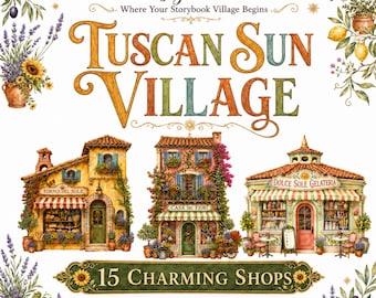 Watercolor Storybook Clipart Bundle | 15 Tuscan Village PNGs | Tuscan Sun Village | Commercial Use