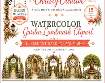 Akvarell sagobok by landmärke clipart-paket: 15 PNG-designer — Garden Wonders