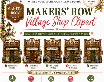 Akvarell Clipart-paket med butiksfasad i byn | Makers' Row | Bygg din egen sagoboksby | 15 butiks-PNG:er | Kommersiellt bruk
