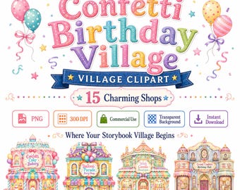 Konfetti Clipart-paket med födelsedagsby | 15 pastellfärgade Party Shop PNG-bilder | Akvarell sagobokskonst | Kommersiellt bruk