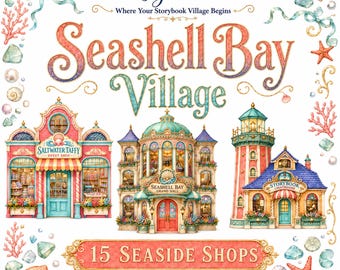 Akvarell sagobok Clipart-paket | 15 kustby-PNG:er | Seashell Bay Village | Kommersiellt bruk