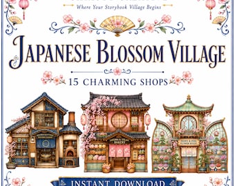 Akvarell sagobok Clipart-paket | 15 japanska by-PNG-bilder | Japansk blomby | Kommersiellt bruk