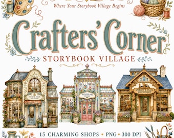Akvarell hantverksby Clipart-paket | Crafters' Corner Storybook Shops | 15 hantverks-PNG:er | Kommersiellt bruk
