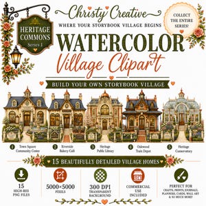 Paquete de imágenes prediseñadas de tiendas de pueblo en acuarela / Heritage Commons / Crea tu propio pueblo de cuento / 15 imágenes PNG de tiendas / Uso comercial