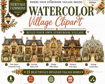 Akvarell Clipart-paket med butiksfasad i byn | Heritage Commons | Bygg din egen sagoboksby | 15 butiks-PNG:er | Kommersiellt bruk