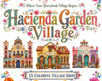Akvarell sagobok Clipart-paket | 15 mexikanska Hacienda PNGs | Hacienda Garden Village | Kommersiellt bruk