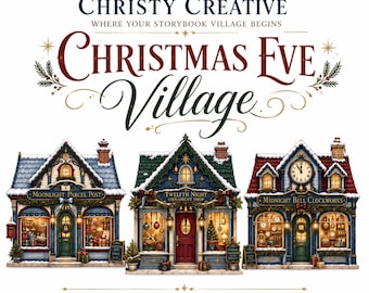Akvarell sagobok julby clipartpaket | Julaftonsby | 15 Holiday Shop PNGs | Kommersiellt bruk