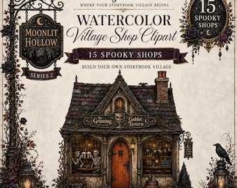 Akvarell sagobok Halloween by Clipart-paket | 15 kusliga hemsökta butiker PNG | Kommersiellt bruk