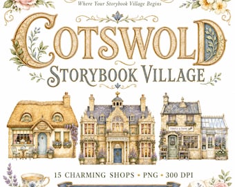 Cotswold akvarell by | Engelsk stuga Clipart-paket | Sagoboksby PNG | Kommersiellt bruk