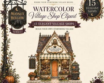 Akvarell sagobok Halloween by Clipart-paket | 15 nyckfulla butiks- och stug-PNG-bilder | Kommersiellt bruk