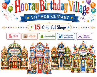 Akvarell Hurra-födelsedagsby Clipart-paket | 15 Party Shop PNGs | Sagoboksbyggnader | Kommersiellt bruk