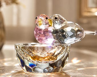 Crystal Love Birds Figurine Couple | Glass Bird Ornament, Crystal Ring Holder Bowl | Wedding Anniversary Gift, Romantic Home Decor