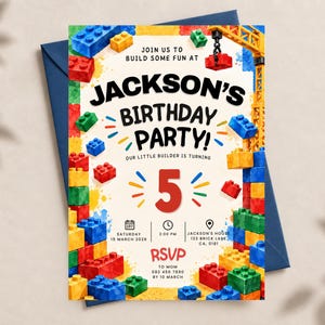 May include: A rectangular birthday party invitation card featuring colorful plastic building blocks and a yellow construction crane. The text reads: JOIN US TO BUILD SOME FUN AT JACKSON'S BIRTHDAY PARTY! OUR LITTLE BUILDER IS TURNING 5. Includes event details.