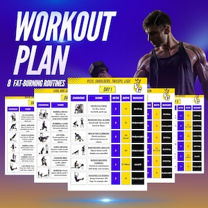 May include: A digital workout plan graphic featuring the text WORKOUT PLAN and 8 FAT-BURNING ROUTINES. The image displays multiple overlapping charts with columns for exercise names, sets, reps, and weights in kg, alongside illustrations of fitness movements.
