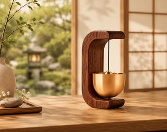 Japanese Wooden Door Chime |  Handcrafted Magnetic Entrance Bell | Copper Wind Chime (Walnut/Brown)