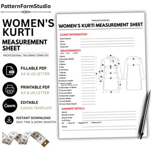 May include: A white measurement sheet for a kurti with black text and red headers. The document includes fields for client information, eighteen specific body measurements, and garment details, alongside a line drawing of a kurti.