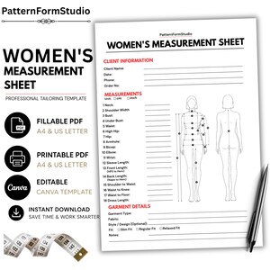 May include: A professional tailoring measurement sheet template by PatternFormStudio. The document includes fields for client information, eighteen specific body measurements, and garment details, alongside a diagram of front and back figures.