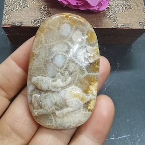 May include: A carved fossilized coral pendant featuring a deer design. The pendant is oval shaped and has a light brown color with white and yellow accents.