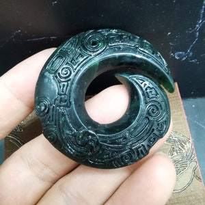 Dark Green Jade Pendant: Carved Dragon Circle (47mm)