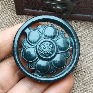 Archaistic Style Design Drak Green Jade Pendant Carved Flower Circle Jade Amulet