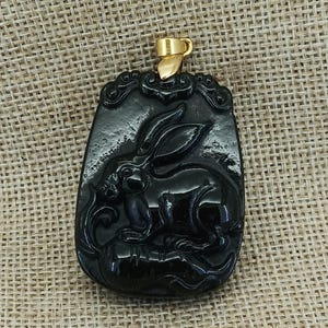 Archaistic Design Dark Jade Pendant Ancient China Culture Carving Chinese Zodiac Rabbit 生肖兔 Easter Bunny