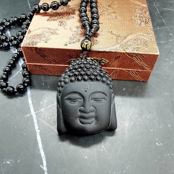 Pendentif Tête De Bouddha En Obsidienne Noire Avec Chaîne - Neuf Sans Emballage