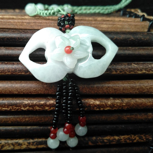 Antique Handmade Charm ,Natural Jadeite Necklace Pendant,Old Chinese Design Handmade Jade Flower Necklace with Cord