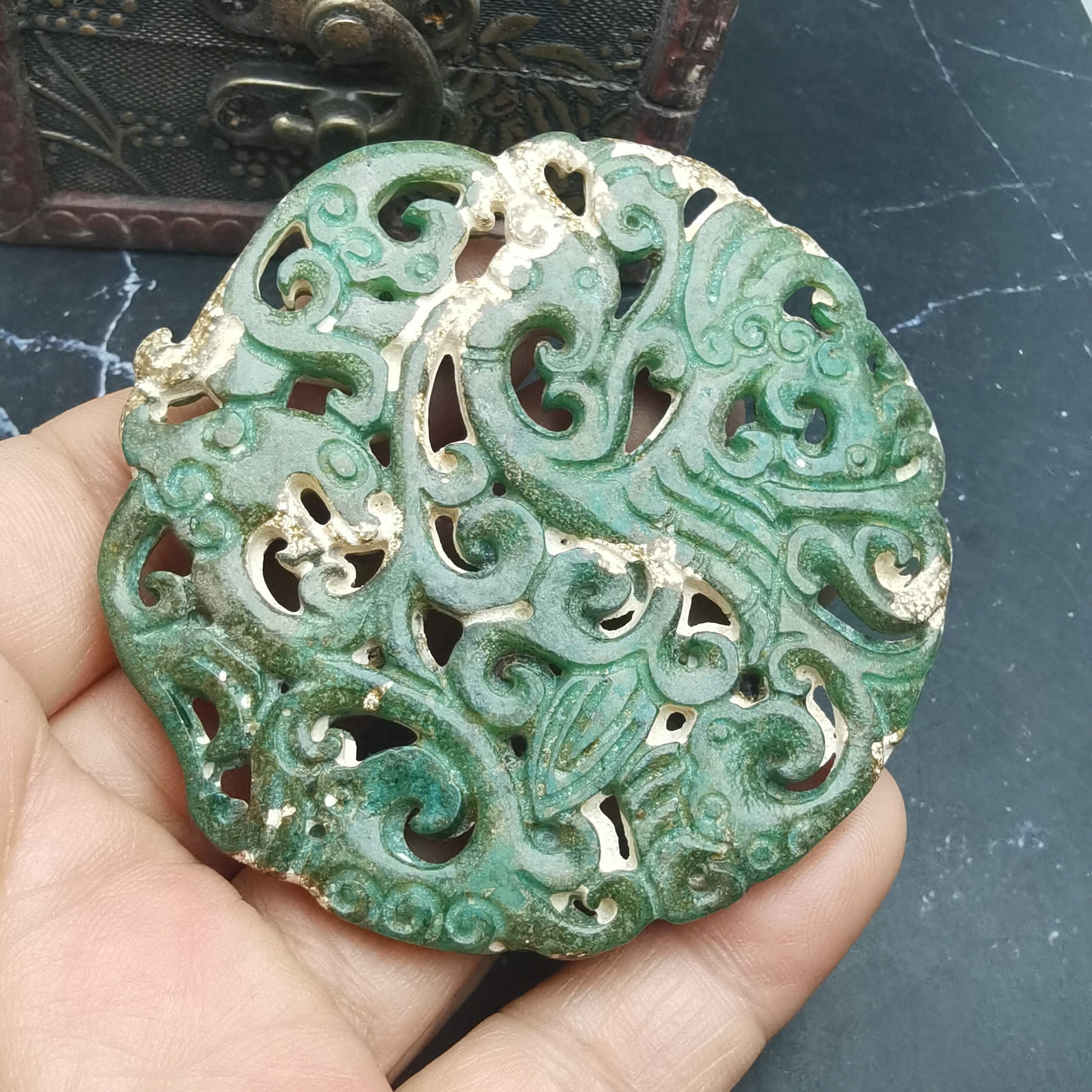 Antique Green Jade Pendant Ancient Culture Carving Double Etsy