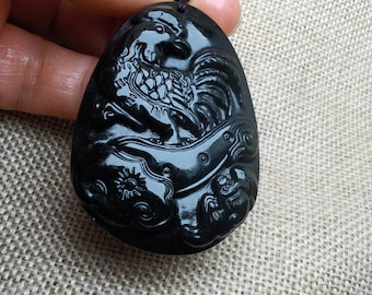 Natural Dark Green Jade Pendant Carved Chinese Zodiac Rooster 生肖