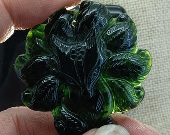 Natural Dark Green Jade Pendant China Culture Carving Nine Tail Fox 九尾狐