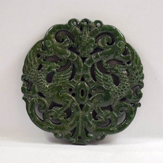 CHINESE OLD HANDWORK GREEN JADE CARVED DRAGON PENDANT AAA 