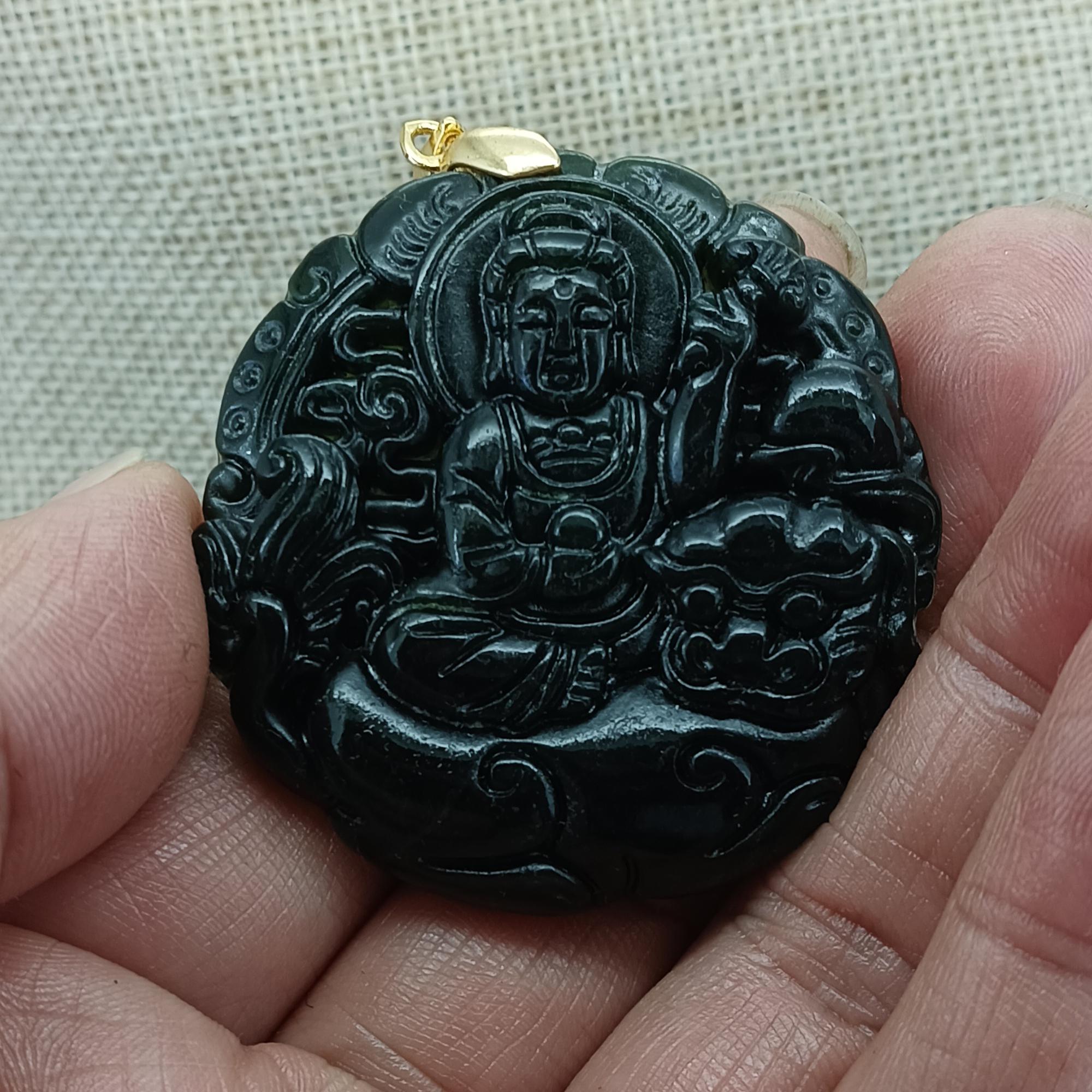 Natural Dark Green Jade Pendant China Culture Carving Taming Tiger