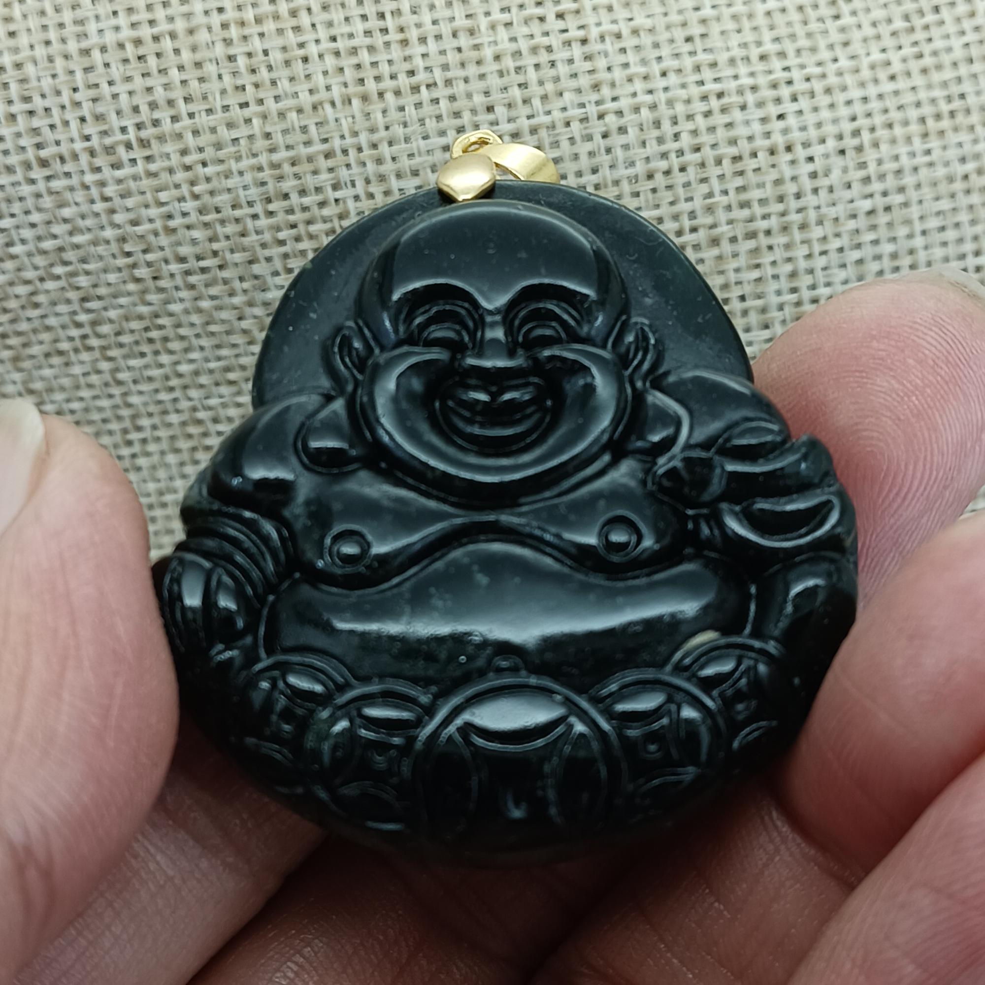 Pendentif Bouddha Rieur En Jade Vert Impérial - Sculpture Fine Ancienne, Longueur 66-70cm